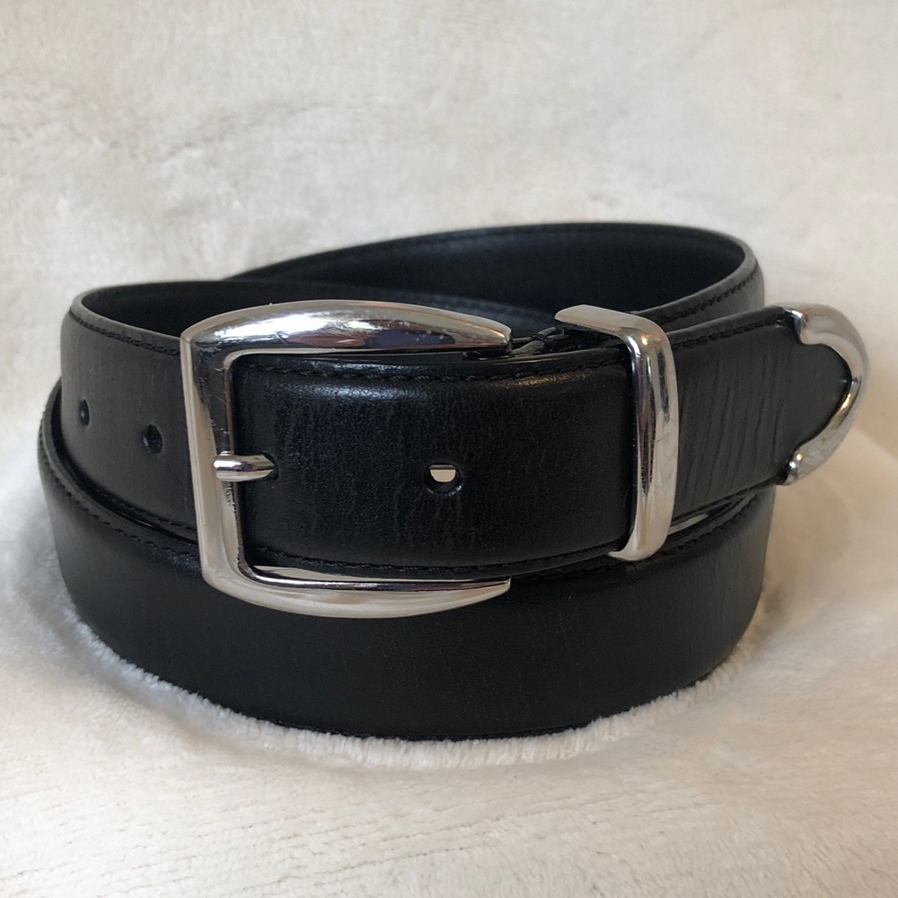 Full Grain Genuine Black Leather Belt with Silver Buckle, Keeper, & Tip, Size 34